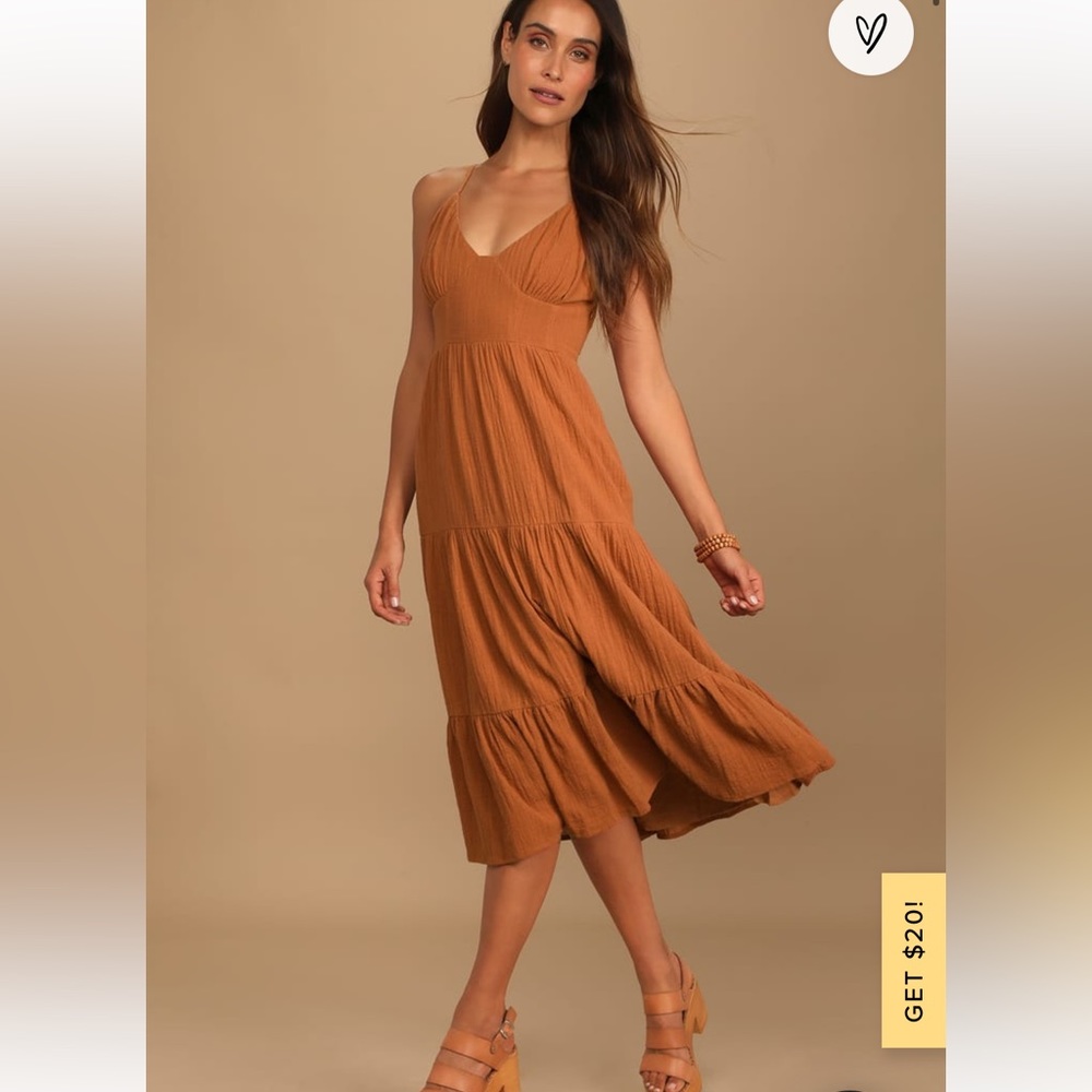 Lulus Medium Bliss Abound Rust Brown Tiered Midi Dress NWOT